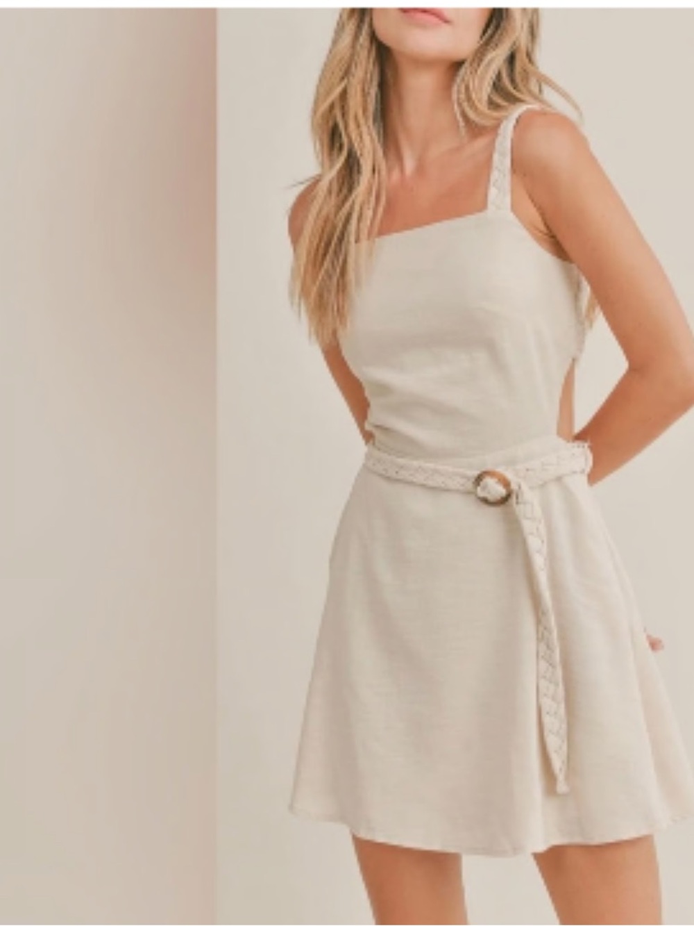 Sadie & Sage Cream Square-Neck Mini Dress with Braided Belt